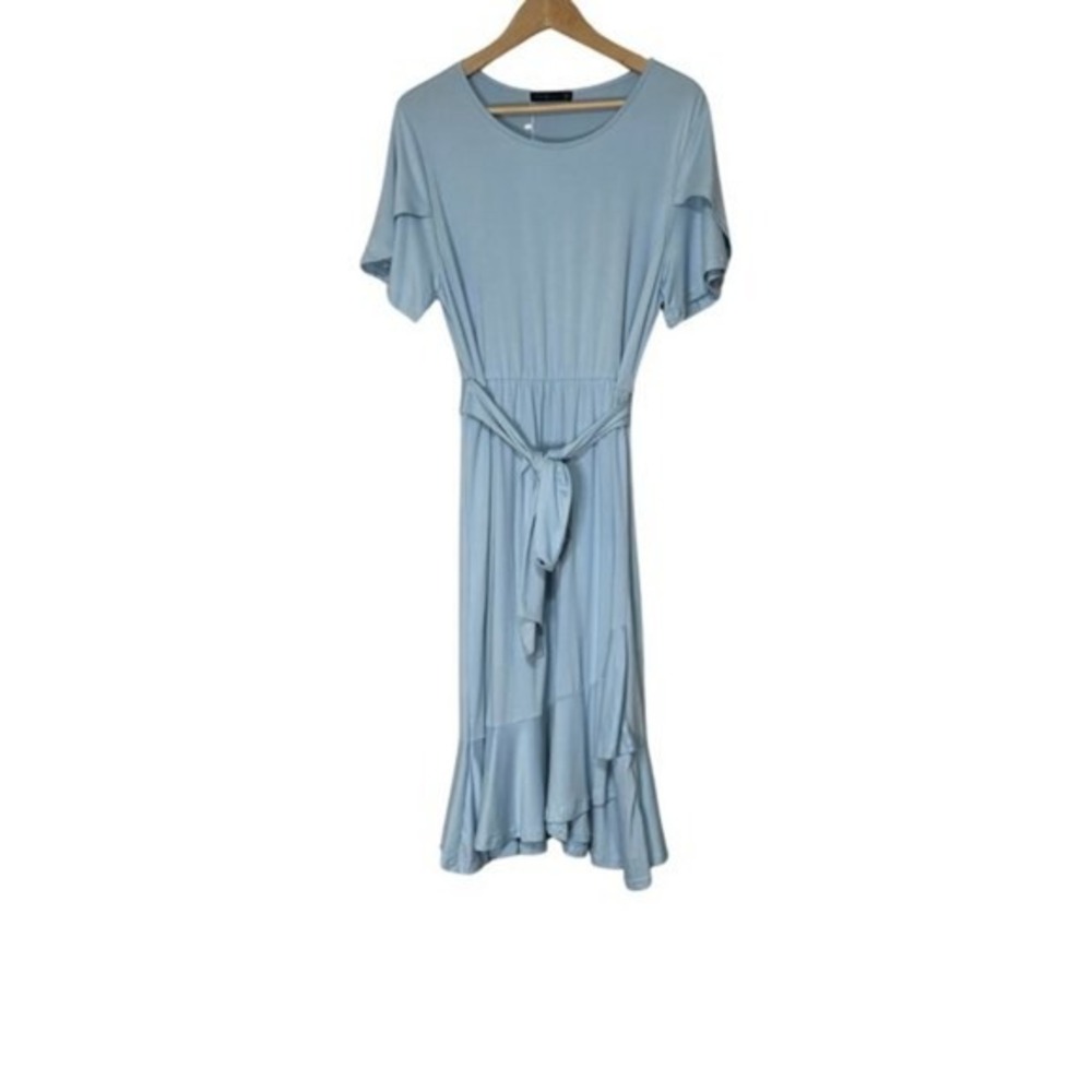 Levaca Women Flutter Sleeve Ruffle Hem Belted Dress XL Light Blue Stretch Modest